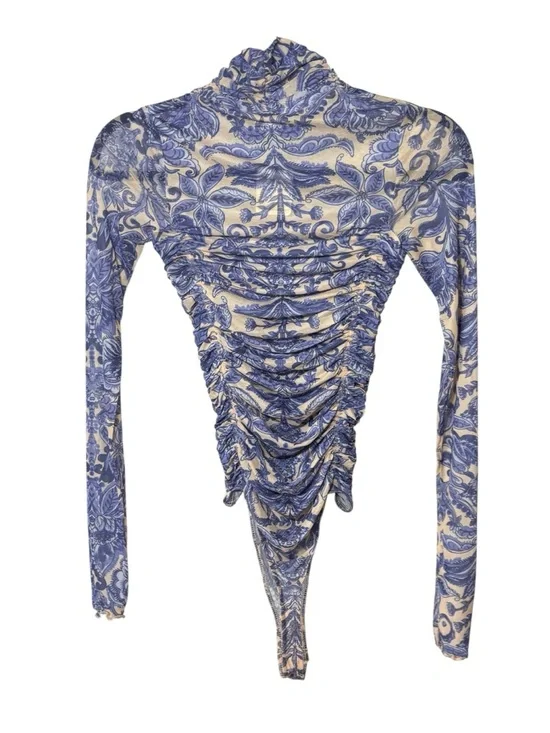 Free People Under It All Bodysuit XS Porcelain Combo Blue Floral Mesh Ruched NWT - Picture 4 of 14